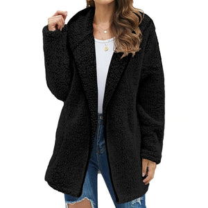 Casaco longo de pelúcia feminino para outono e inverno, casaco de lã grosso e quente, gola virada para baixo, casaco de pelúcia feminino casual