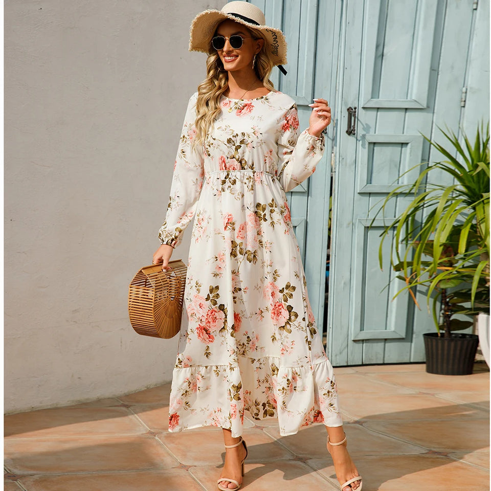 Vestido longo boêmio feminino  cintura alta chiffon, floral, novo Sucesso
