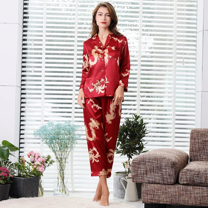 Camisola de casal estilo chinês fina de manga comprida com estampa de seda e cetim