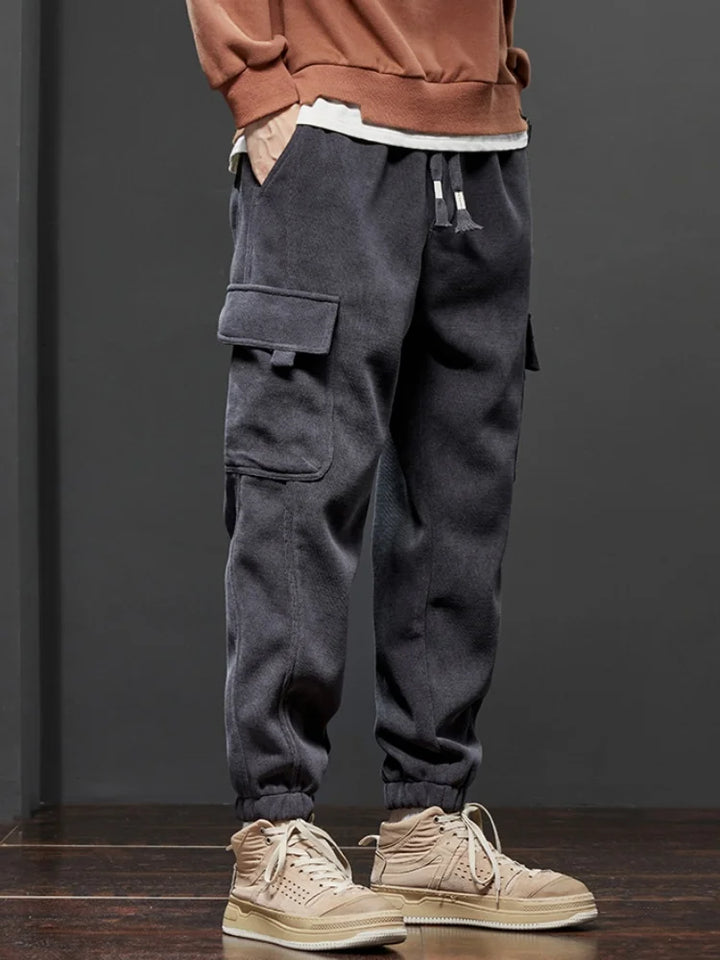 Calças casuais masculinas, estilo primavera outono, com cintura elástica e cordão reto, estilo harem