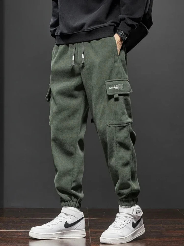 Calças casuais masculinas, estilo primavera outono, com cintura elástica e cordão reto, estilo harem