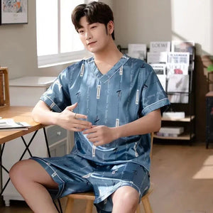 Pijama masculino de manga curta, roupa de verão em seda gelada, cardigã fino