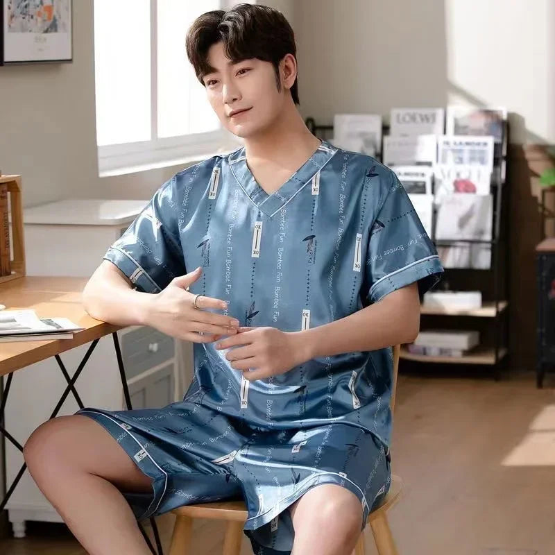 Pijama masculino de manga curta, roupa de verão em seda gelada, cardigã fino