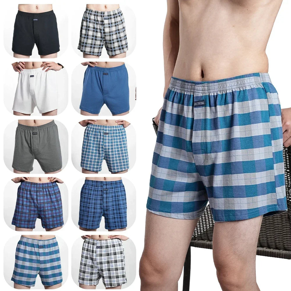 Cueca boxer masculina de algodão puro, cintura alta, cueca grande, casual, xadrez