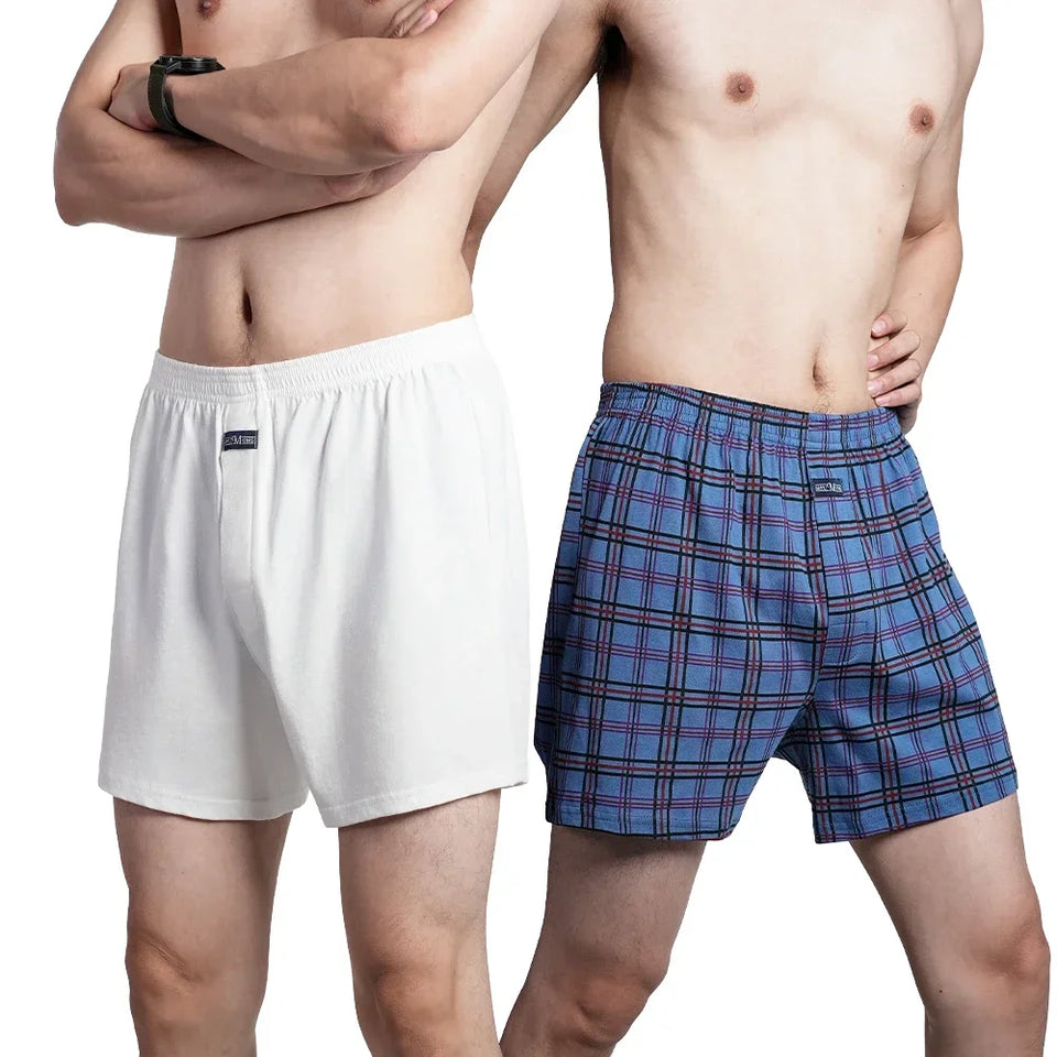 Cueca boxer masculina de algodão puro, cintura alta, cueca grande, casual, xadrez