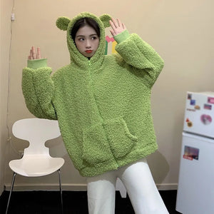 Casaco feminino outono inverno com zíper kawaii lã pele sintética moletom manga comprida com capuz orelhas de urso de pelúcia moletom macio branco teddy
