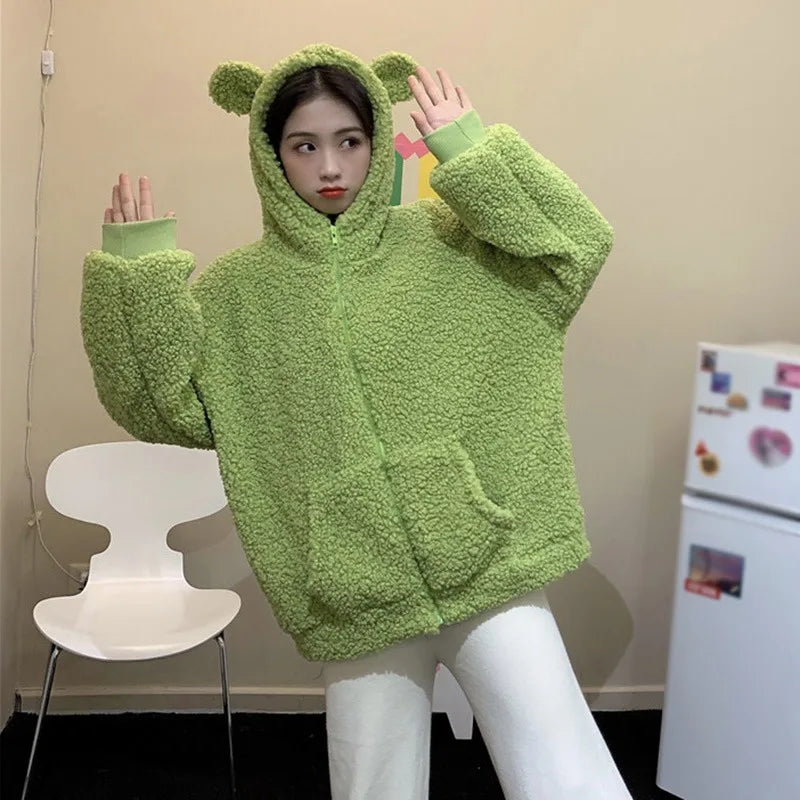 Casaco feminino outono inverno com zíper kawaii lã pele sintética moletom manga comprida com capuz orelhas de urso de pelúcia moletom macio branco teddy