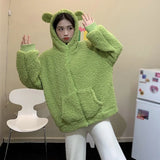 Casaco feminino outono inverno com zíper kawaii lã pele sintética moletom manga comprida com capuz orelhas de urso de pelúcia moletom macio branco teddy