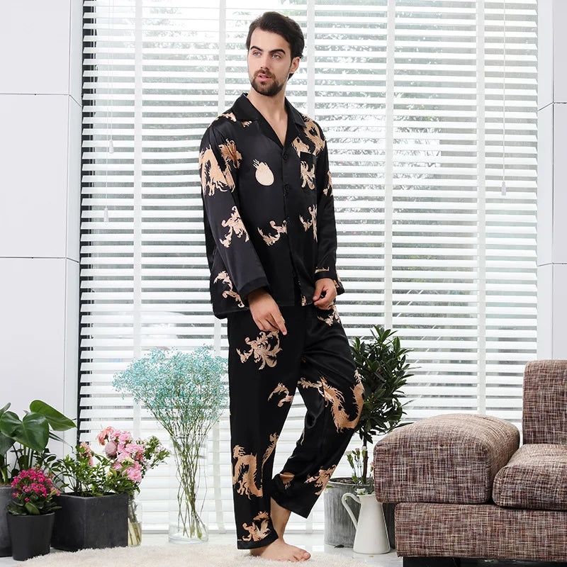 Camisola de casal estilo chinês fina de manga comprida com estampa de seda e cetim