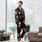 Camisola de casal estilo chinês fina de manga comprida com estampa de seda e cetim