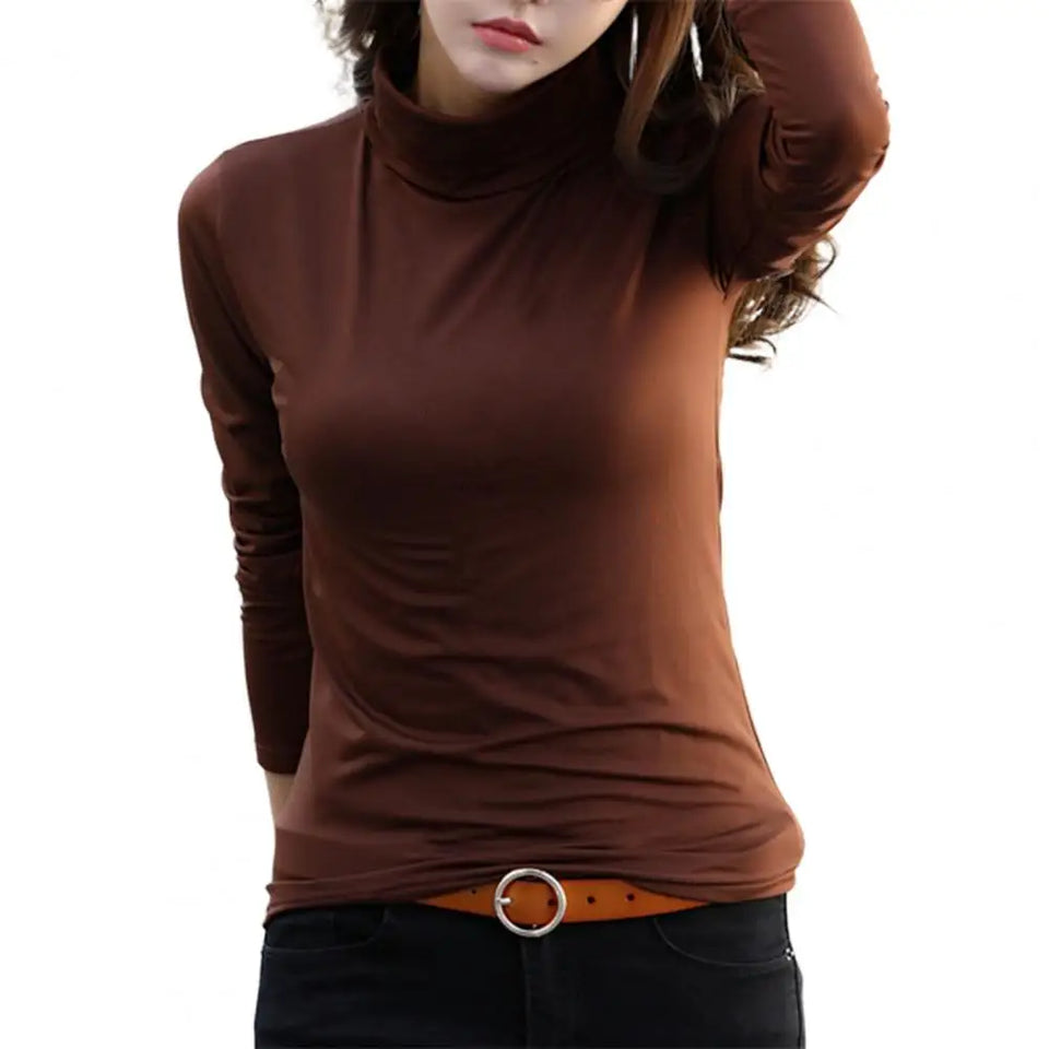 Camisa feminina de outono, cor sólida, gola alta, blusa de primavera, de pelúcia fina, manga comprida