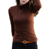 Camisa feminina de outono, cor sólida, gola alta, blusa de primavera, de pelúcia fina, manga comprida