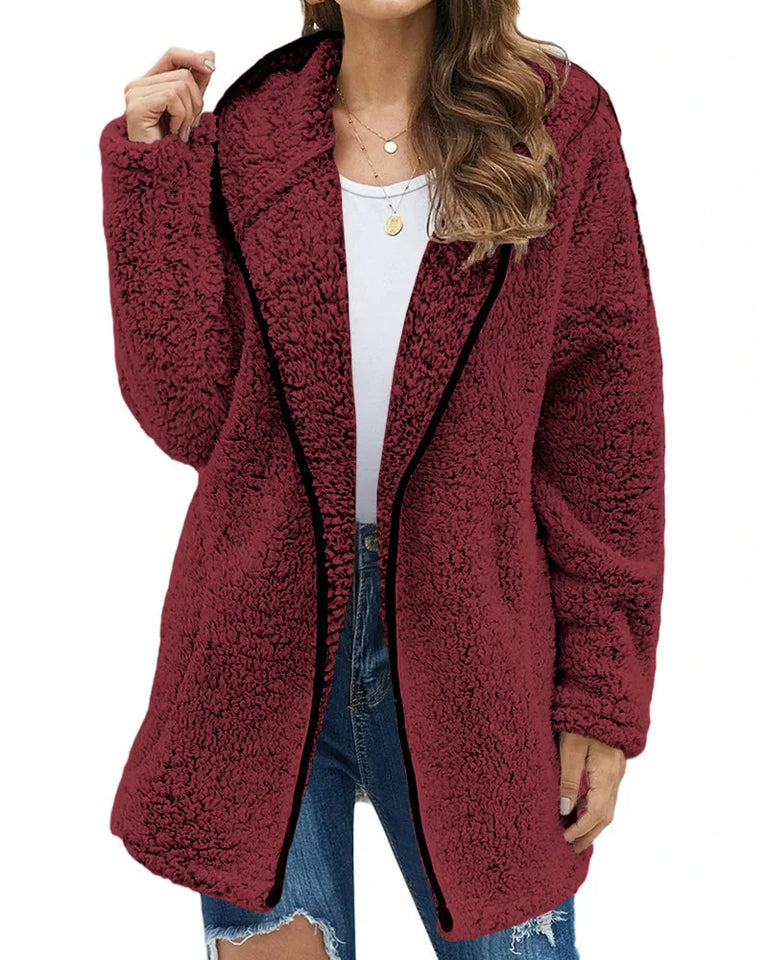 Casaco longo de pelúcia feminino para outono e inverno, casaco de lã grosso e quente, gola virada para baixo, casaco de pelúcia feminino casual