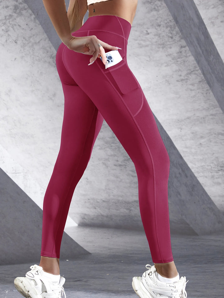 leggings femininas de cintura alta, calças elásticas de ioga com bolsos