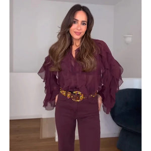 Blusas femininas com babados TRAF, blusas casuais semitransparentes