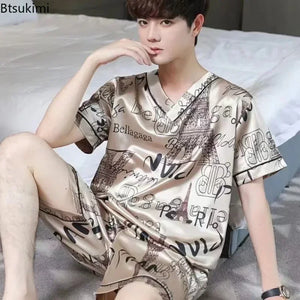 Pijama masculino de manga curta, roupa de verão em seda gelada, cardigã fino