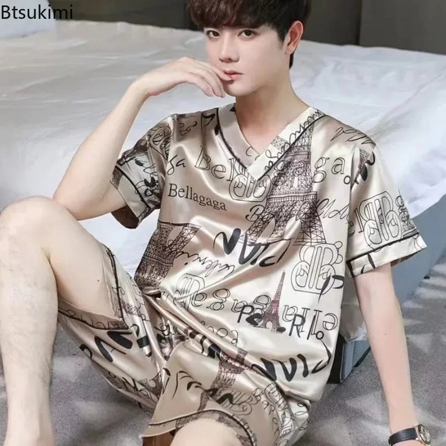Pijama masculino de manga curta, roupa de verão em seda gelada, cardigã fino