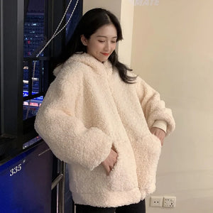 Casaco feminino outono inverno com zíper kawaii lã pele sintética moletom manga comprida com capuz orelhas de urso de pelúcia moletom macio branco teddy