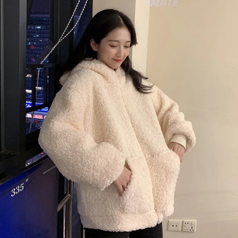 Casaco feminino outono inverno com zíper kawaii lã pele sintética moletom manga comprida com capuz orelhas de urso de pelúcia moletom macio branco teddy