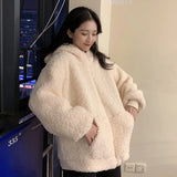 Casaco feminino outono inverno com zíper kawaii lã pele sintética moletom manga comprida com capuz orelhas de urso de pelúcia moletom macio branco teddy