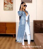 Casaco jeans longo com botões frontais e bainha crua rasgada, cardigan feminino