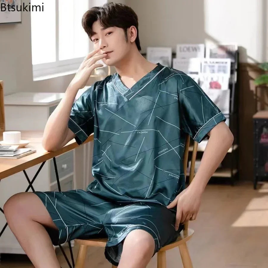 Pijama masculino de manga curta, roupa de verão em seda gelada, cardigã fino