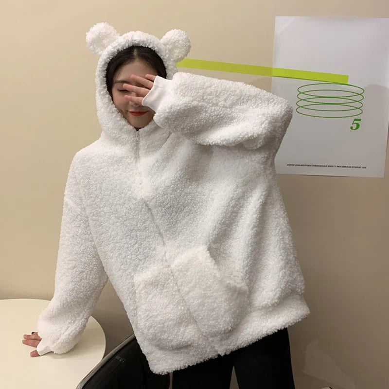 Casaco feminino outono inverno com zíper kawaii lã pele sintética moletom manga comprida com capuz orelhas de urso de pelúcia moletom macio branco teddy