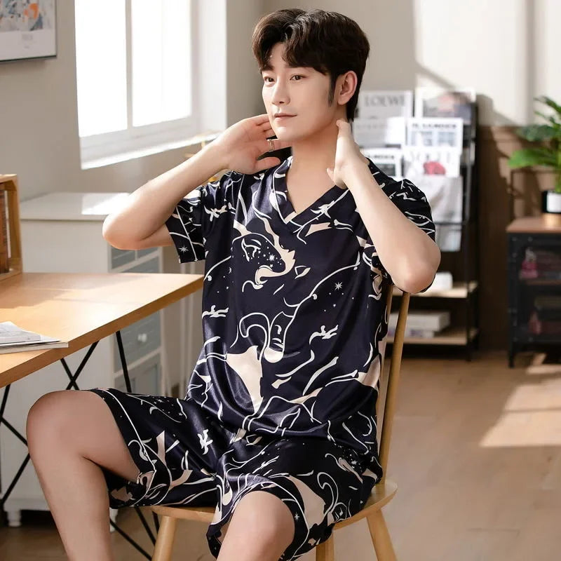 Pijama masculino de manga curta, roupa de verão em seda gelada, cardigã fino