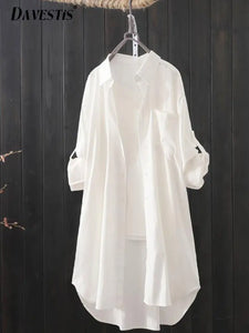 Camisa branca feminina midi solta e respirável, cor sólida, camisas longas Sucesso Ativo