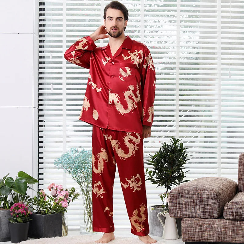 Camisola de casal estilo chinês fina de manga comprida com estampa de seda e cetim