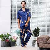 Camisola de casal estilo chinês fina de manga comprida com estampa de seda e cetim
