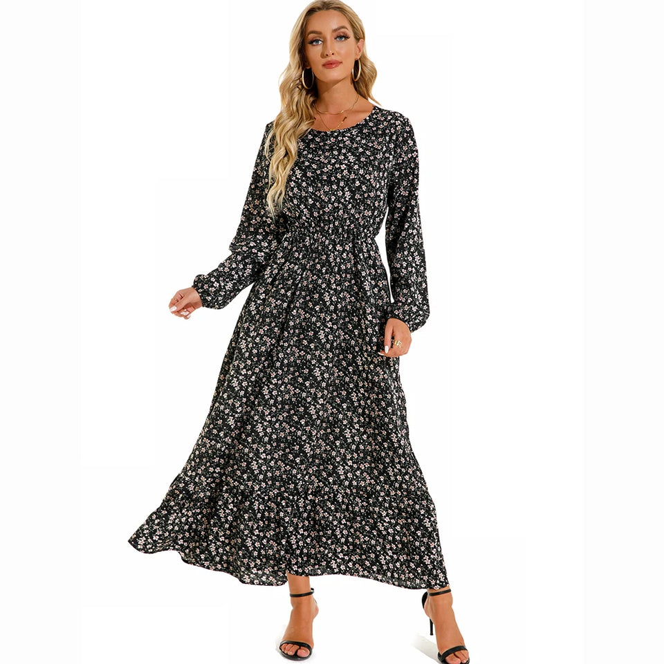 Vestido longo boêmio feminino  cintura alta chiffon, floral, novo Sucesso