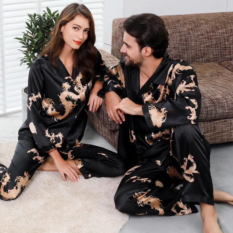 Camisola de casal estilo chinês fina de manga comprida com estampa de seda e cetim