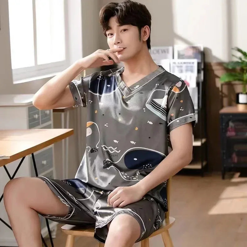 Pijama masculino de manga curta, roupa de verão em seda gelada, cardigã fino