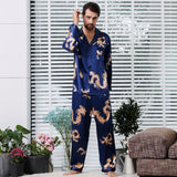 Camisola de casal estilo chinês fina de manga comprida com estampa de seda e cetim