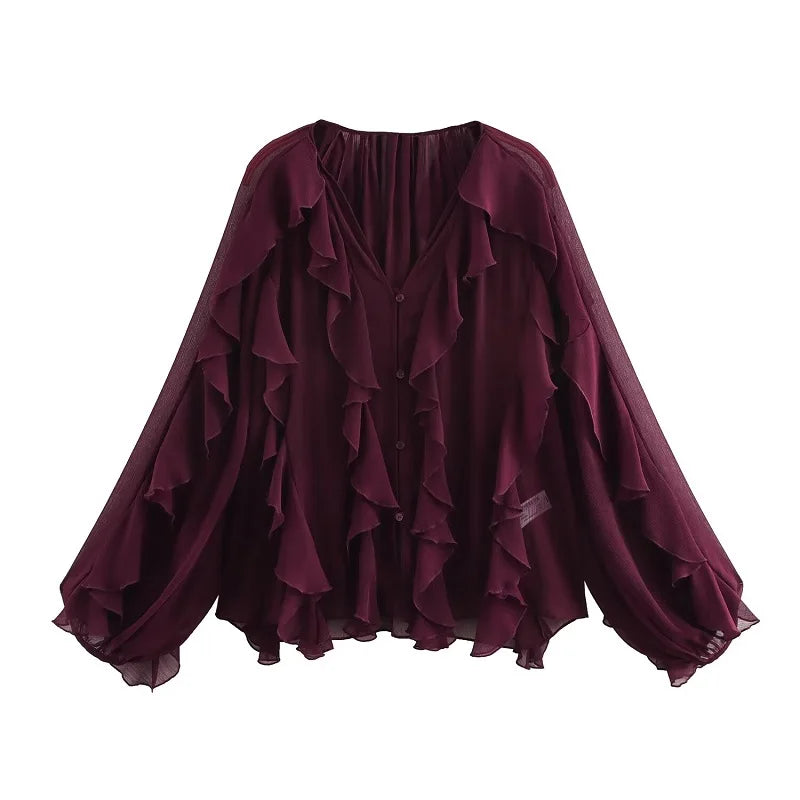 Blusas femininas com babados TRAF, blusas casuais semitransparentes