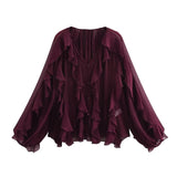 Blusas femininas com babados TRAF, blusas casuais semitransparentes