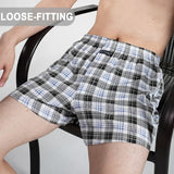 Cueca boxer masculina de algodão puro, cintura alta, cueca grande, casual, xadrez