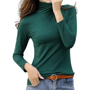 Camisa feminina de outono, cor sólida, gola alta, blusa de primavera, de pelúcia fina, manga comprida