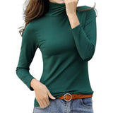 Camisa feminina de outono, cor sólida, gola alta, blusa de primavera, de pelúcia fina, manga comprida