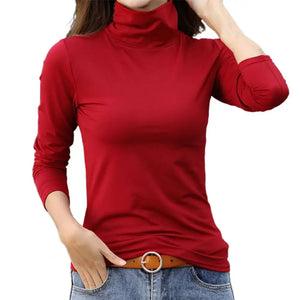 Camisa feminina de outono, cor sólida, gola alta, blusa de primavera, de pelúcia fina, manga comprida
