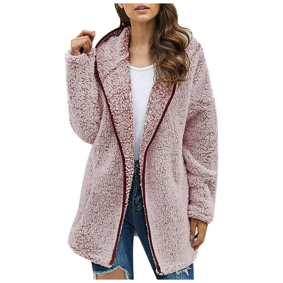 Casaco longo de pelúcia feminino para outono e inverno, casaco de lã grosso e quente, gola virada para baixo, casaco de pelúcia feminino casual