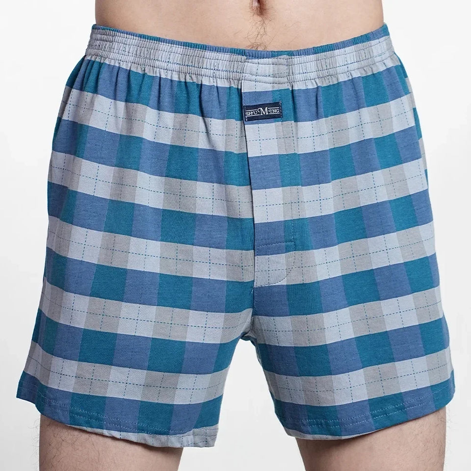 Cueca boxer masculina de algodão puro, cintura alta, cueca grande, casual, xadrez