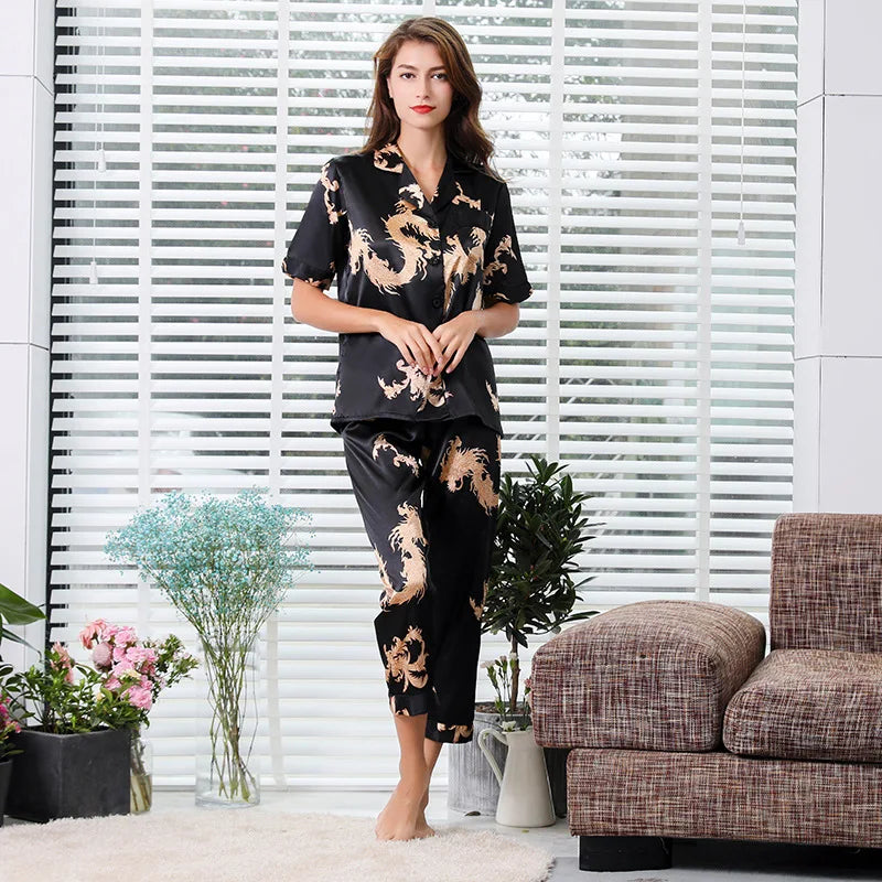 Camisola de casal estilo chinês fina de manga comprida com estampa de seda e cetim