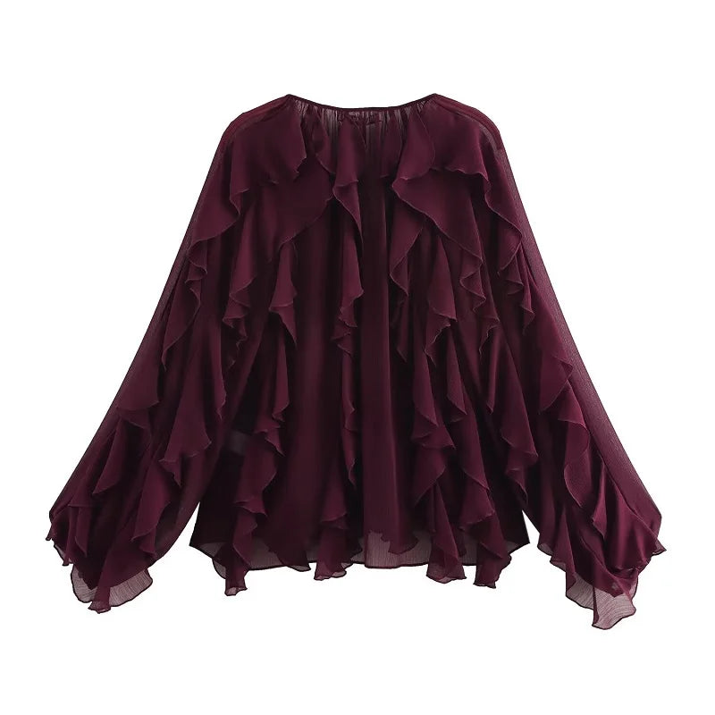 Blusas femininas com babados TRAF, blusas casuais semitransparentes