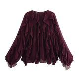 Blusas femininas com babados TRAF, blusas casuais semitransparentes