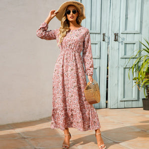 Vestido longo boêmio feminino  cintura alta chiffon, floral, novo Sucesso