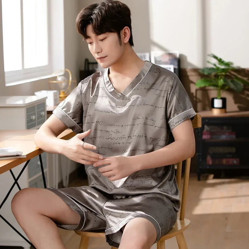 Pijama masculino de manga curta, roupa de verão em seda gelada, cardigã fino