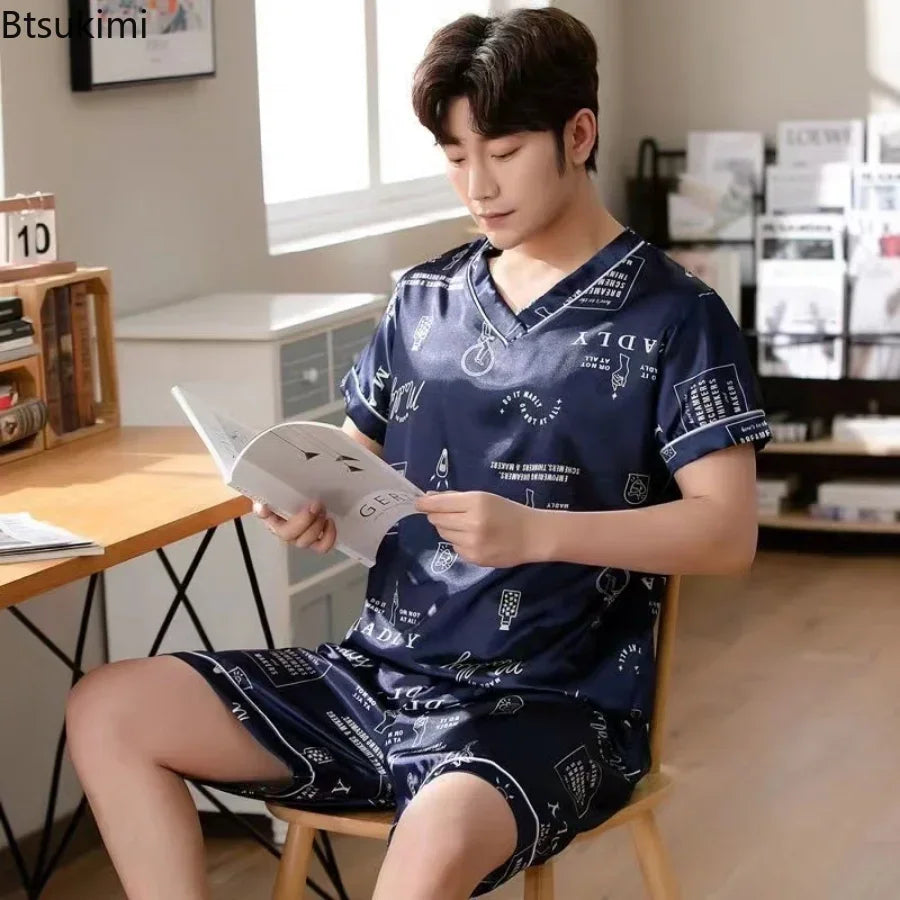Pijama masculino de manga curta, roupa de verão em seda gelada, cardigã fino