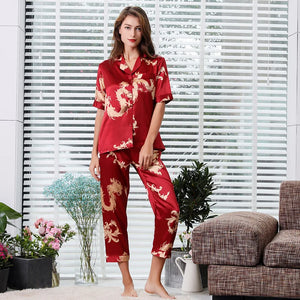Camisola de casal estilo chinês fina de manga comprida com estampa de seda e cetim